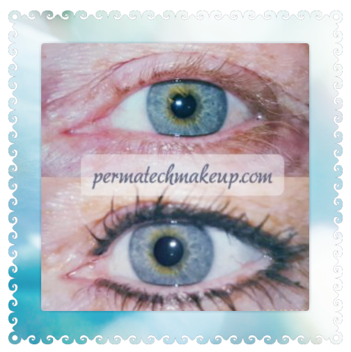 Before and after permanent eyeliner on a blue eye. Top: No liner. Bottom: Eyeliner added.