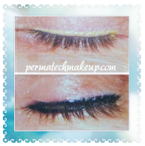 Before and after of eye with eyeliner, top before, bottom after application.