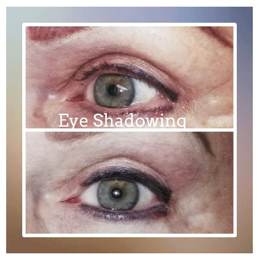 Comparison of a person's eye with and without eye shadow, showing the effect of makeup.