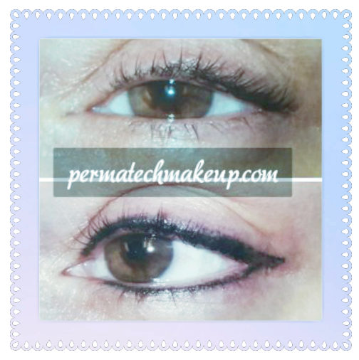 Comparison of eye makeup: Upper eye without liner, lower with permanent eyeliner.