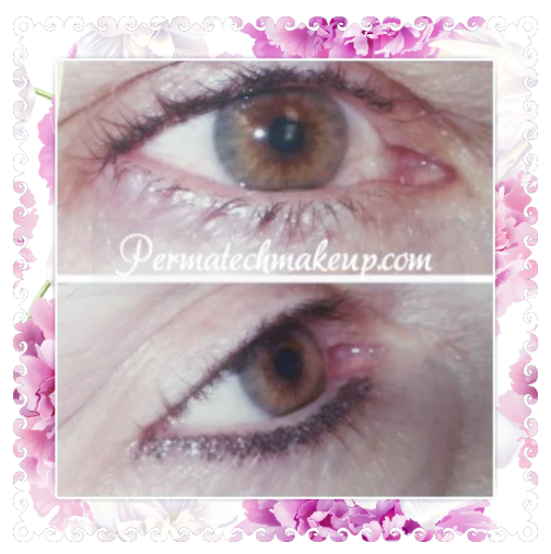 Two close-up views of a brown eye, one looking forward, the other from the side; permanent eyeliner visible.