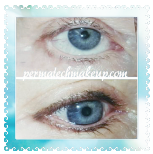 Before and after of eye makeup: blue eyes, before with no makeup, after with eyeliner.