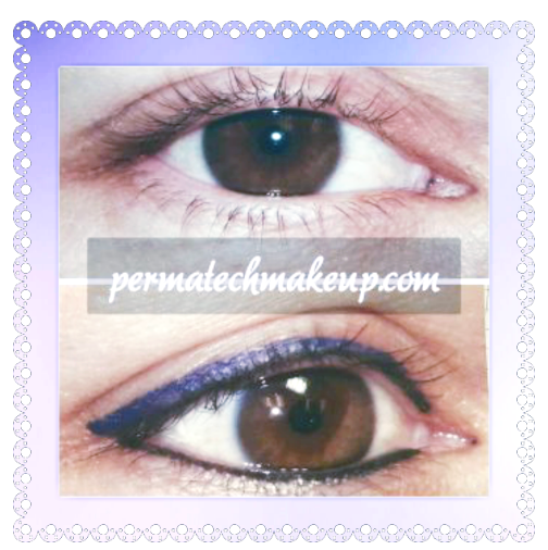 Before and after eyeliner application. Top: bare eye. Bottom: eye with blue eyeliner.