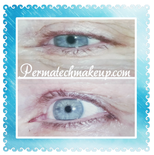 Before and after images of an eye. The bottom image displays a defined eyeliner and fuller eyelashes.