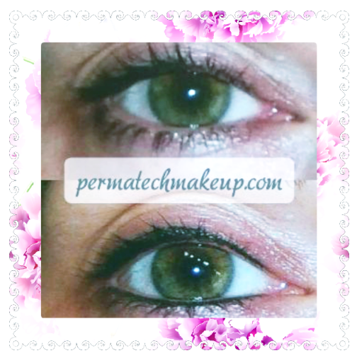 Two photos comparing eyes before and after permanent eyeliner. The eyes are green with dark lashes.
