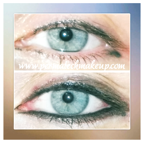 Two eye photos, top with no makeup, bottom with dark eyeliner and mascara. Blue eyes.