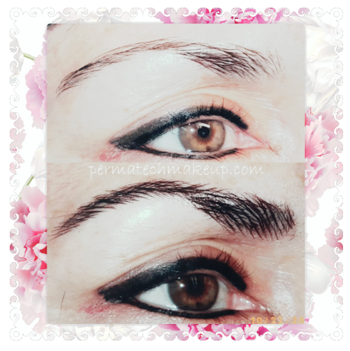 Close-up of eyes with eyeliner and eyebrow makeup. Top eye: light makeup. Bottom eye: fuller, darker makeup.
