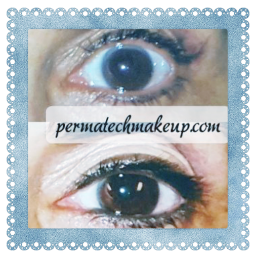 Before and after eye makeup comparison. Top: natural eye. Bottom: eye with eyeliner and shadow.
