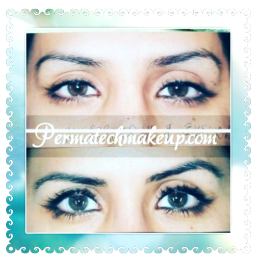 Comparison of eyes, before and after permanent eyeliner and lash enhancement.