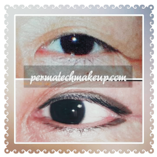Eyes with and without permanent eyeliner, before and after. Top eye natural, bottom eye with liner.