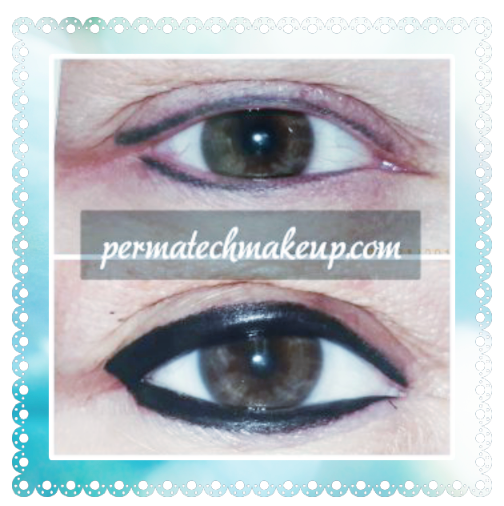 Before and after of eye makeup: thin eyeliner vs. bold, thick wing. Brown eyes, black eyeliner.