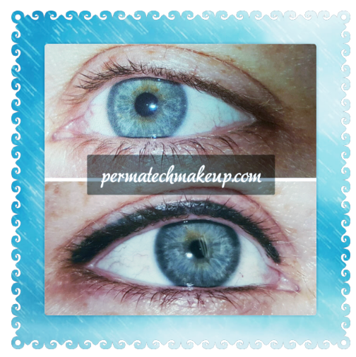 Before and after permanent eyeliner application on a blue eye.