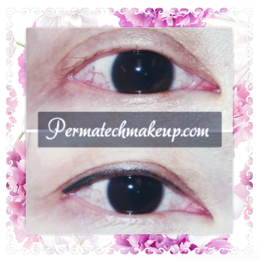 Before-and-after of eyeliner permanent makeup. Top eye has no makeup, bottom eye has a black eyeliner wing.
