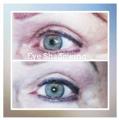 Comparison of eyes with and without eye shadowing. Top eye is unadorned, bottom eye has eye shadow applied.
