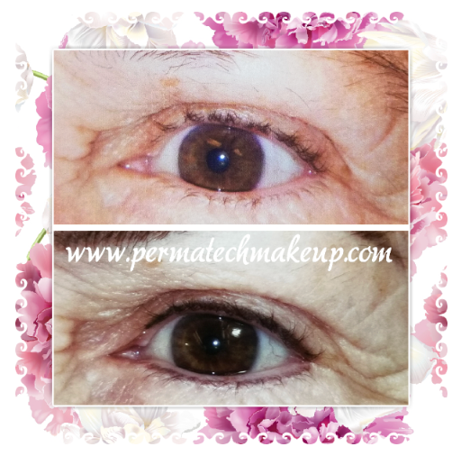 Before and after photos of an eye. Top: Wrinkled skin, no eyeliner. Bottom: Eyeliner applied.