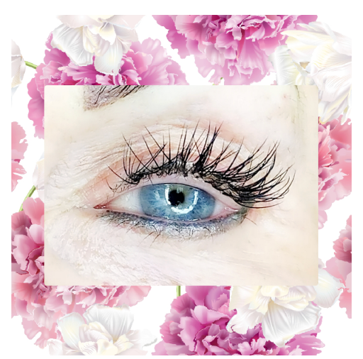 Close-up of a blue eye with long, dark eyelashes, set against a background of pink and white flowers.