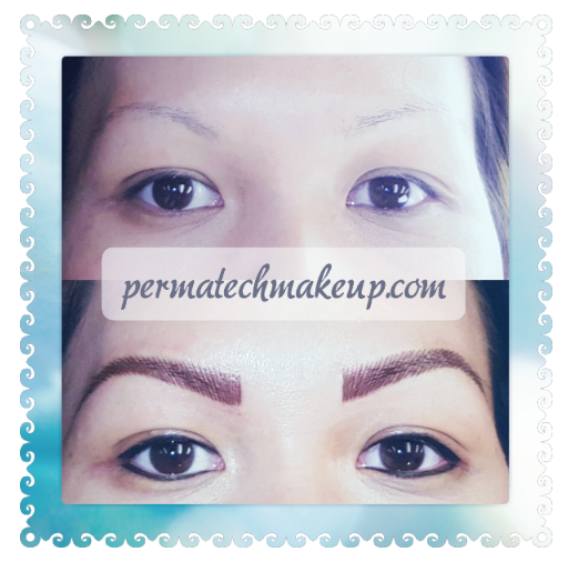 Before and after photos showing eyebrow and eyeliner permanent makeup.