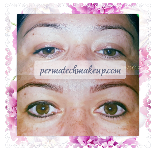 Before and after shots of eyebrows, enhanced with permanent makeup.