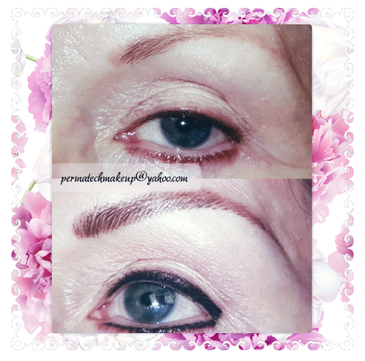 Close-up of eyes before and after permanent eyeliner and eyebrow makeup.  Eyes are blue.
