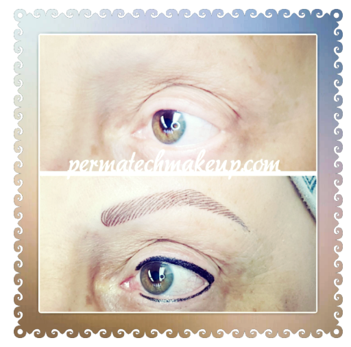 Before and after cosmetic tattoo on an eye: eyebrow and eyeliner.
