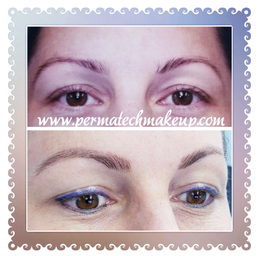Before and after permanent makeup on eyebrows and eyeliner; brown eyes.