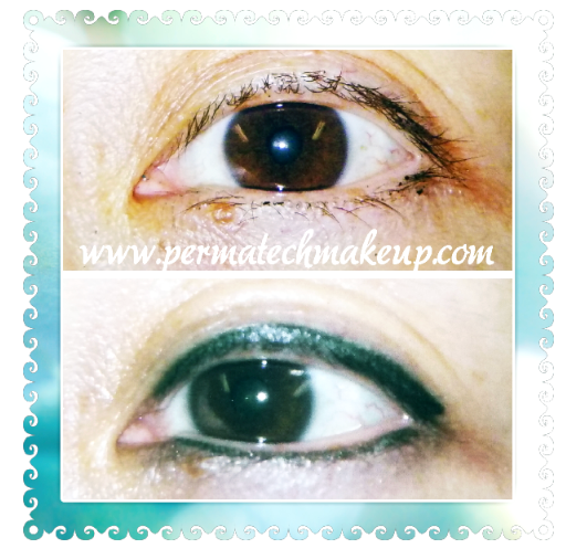 Comparison of an eye before and after eyeliner application. The eye is dark with black eyeliner.