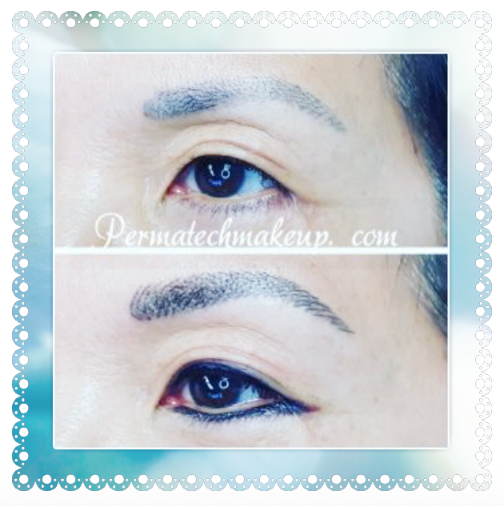 Before and after permanent makeup eye and brow enhancements.