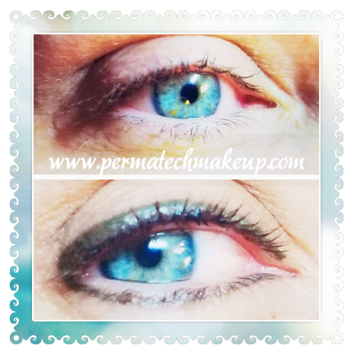 Two images of a blue eye, one without makeup, the other with eyeliner. Website URL in white text.