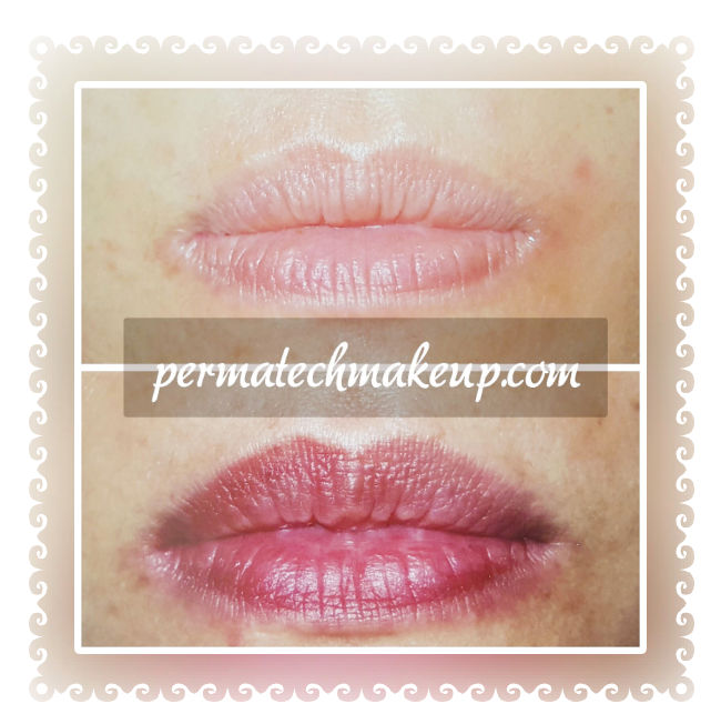 Before and after of lip blushing, top lips lighter pink, bottom lips reddish-pink.