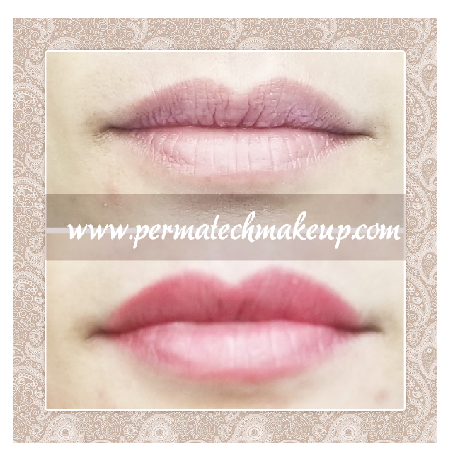 Before and after lip blush treatment: faded, then pink lips.