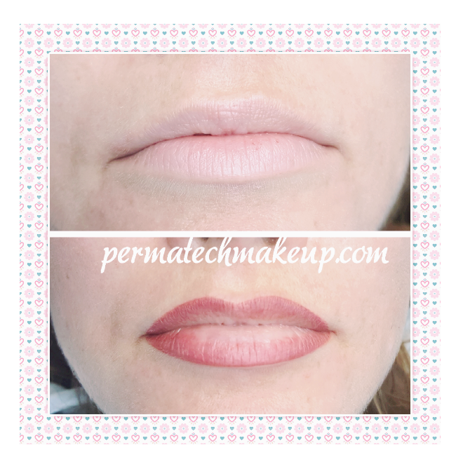 Before and after lip blushing: pale lips transformed to fuller, reddish-pink.