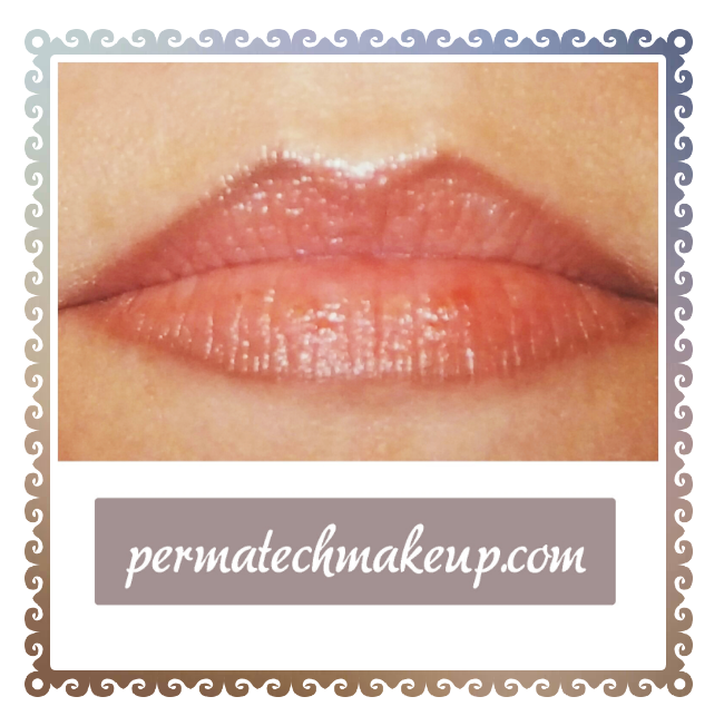 Close-up of a person's lips with glossy, neutral-toned lip color. Website URL is at the bottom.