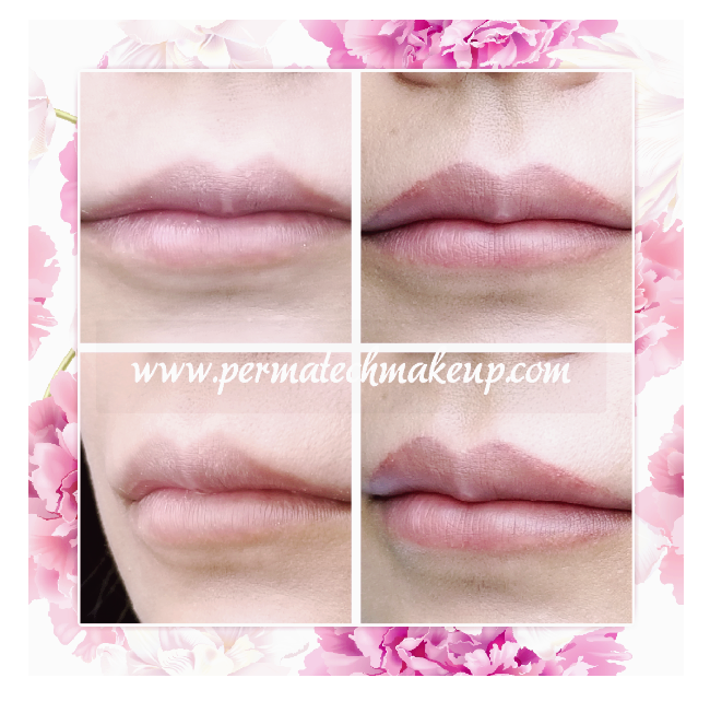 Four close-up views of lips. Progressive enhancement of lip color using permanent makeup. Pink floral frame.