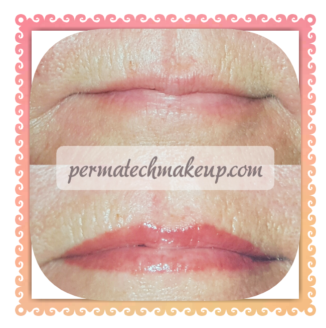 Comparison of lips: top shows wrinkled, uncolored lips; bottom shows enhanced, pink-toned lip color.