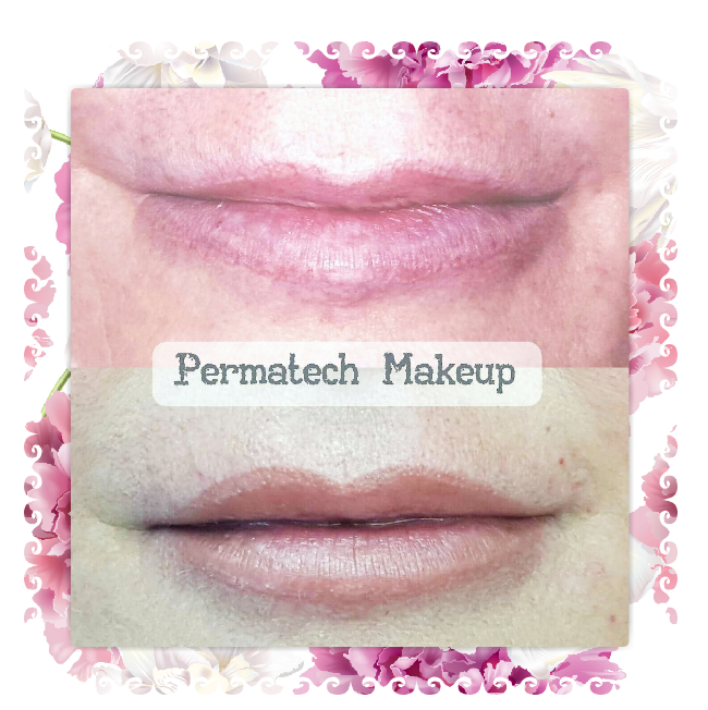 Before and after of a person's lips. The bottom image shows permanent lip makeup.