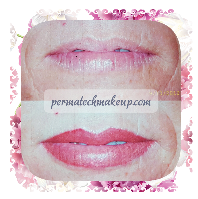 Before and after lip makeup: faded lips before, vibrant red lips after.