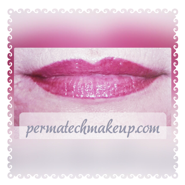 Close-up of glossy pink lips, likely cosmetic. White background with pink border and website text.