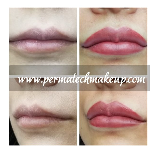 Before and after lip blush permanent makeup. Lips appear fuller, with a red/pink tint.