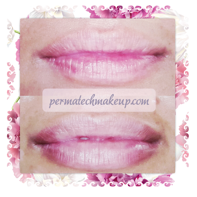 Before and after photos of lips, showing permanent lip makeup; pink hues, close-up.