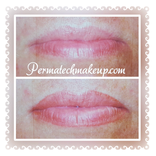 Before and after of lip blushing, showing lip color enhancement.