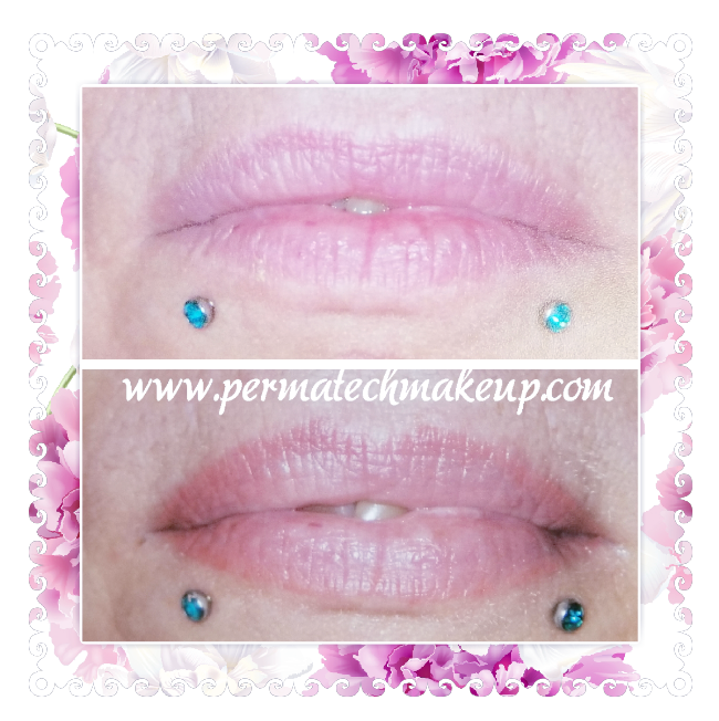 Before and after photos of lip enhancement, featuring lower lip piercings and enhanced lip color.