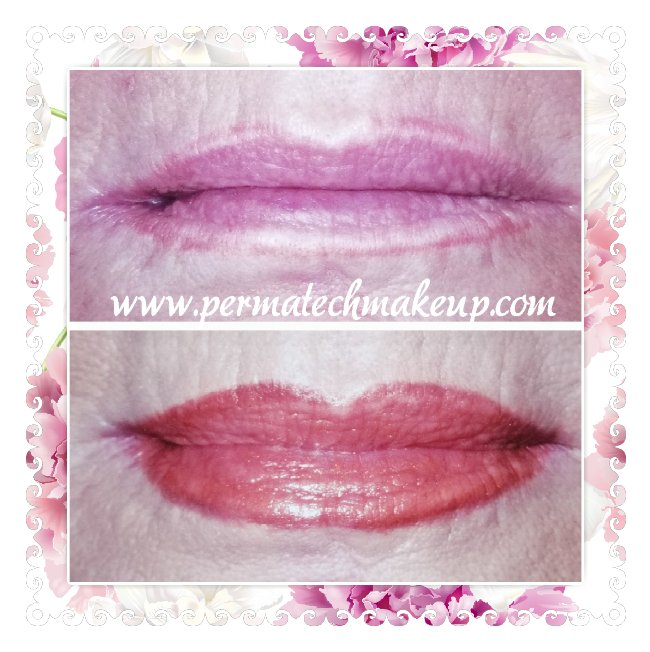 Before and after lip permanent makeup. Top: pale lips. Bottom: enhanced lips with color.