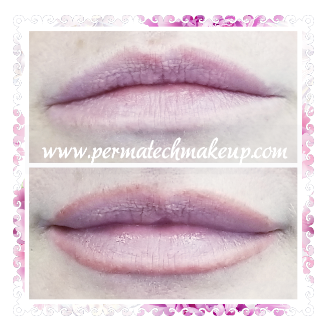 Two pairs of lips before and after lip blushing, showing a color change and defined outline.