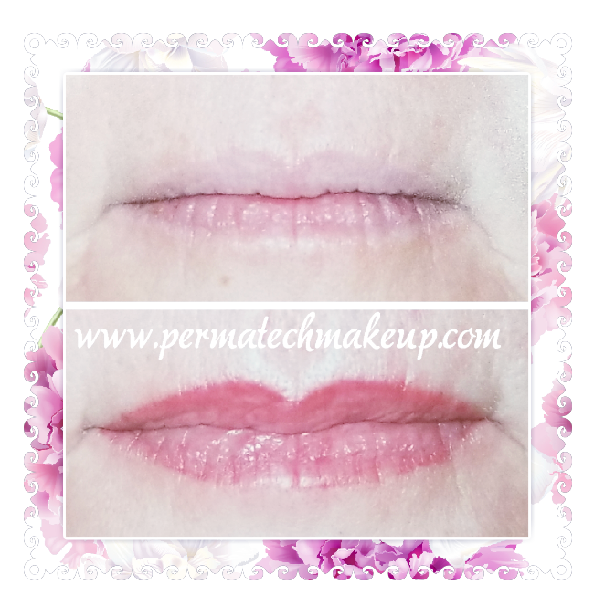 Before and after shots of lips; top lip is pale, bottom lip is pink and glossy.