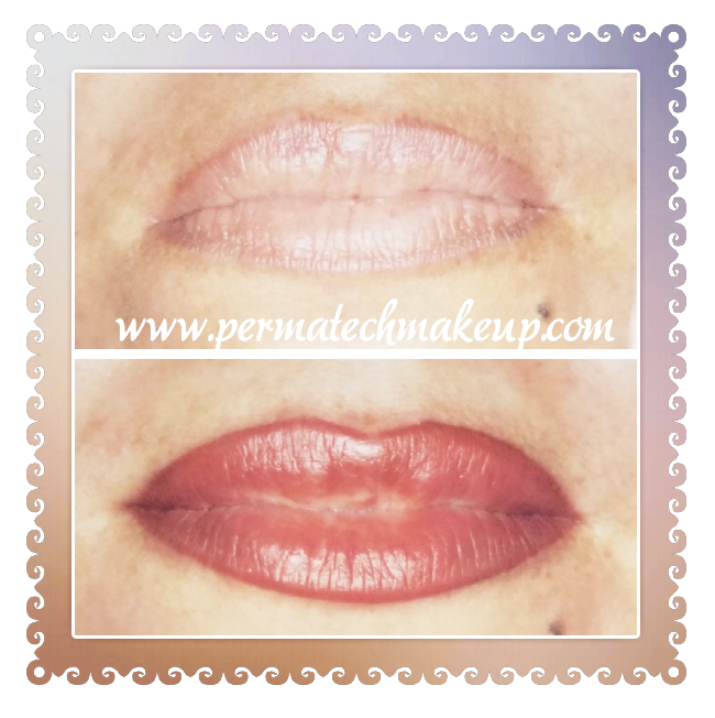 Lip enhancement before and after. Top: pale lips. Bottom: red, defined lips with cosmetic procedure.