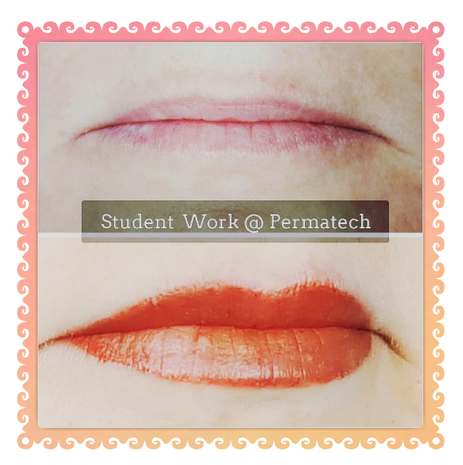 Lips before and after cosmetic tattooing. Top: pale lips. Bottom: red lips with color and definition.