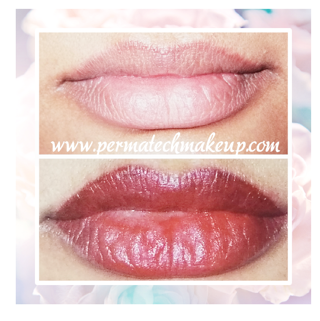 Before and after lip makeup. Top: Uncolored lips. Bottom: Lips colored red-brown.