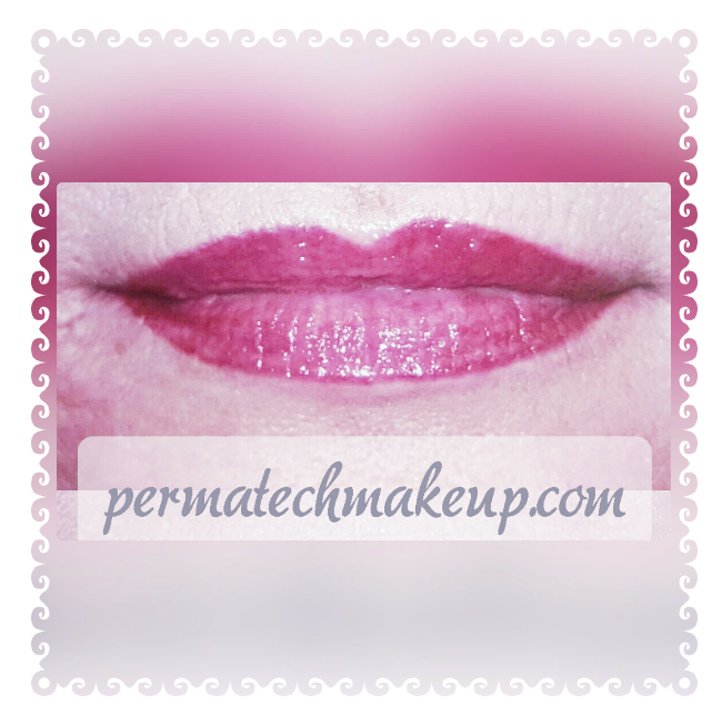 Close-up of a person's lips with glossy, pink permanent makeup. Text overlayed: permatechmakeup.com
