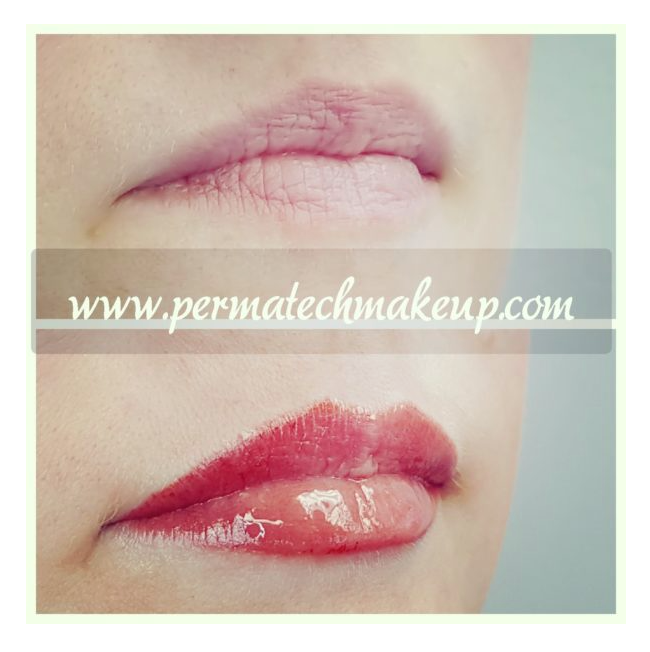 Before and after of lips, one set pale, the other with lip color and gloss, by Permatech Makeup.