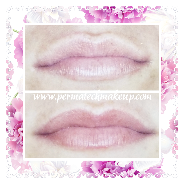 Comparison of lips: before and after cosmetic lip tattoo, with pink tones.